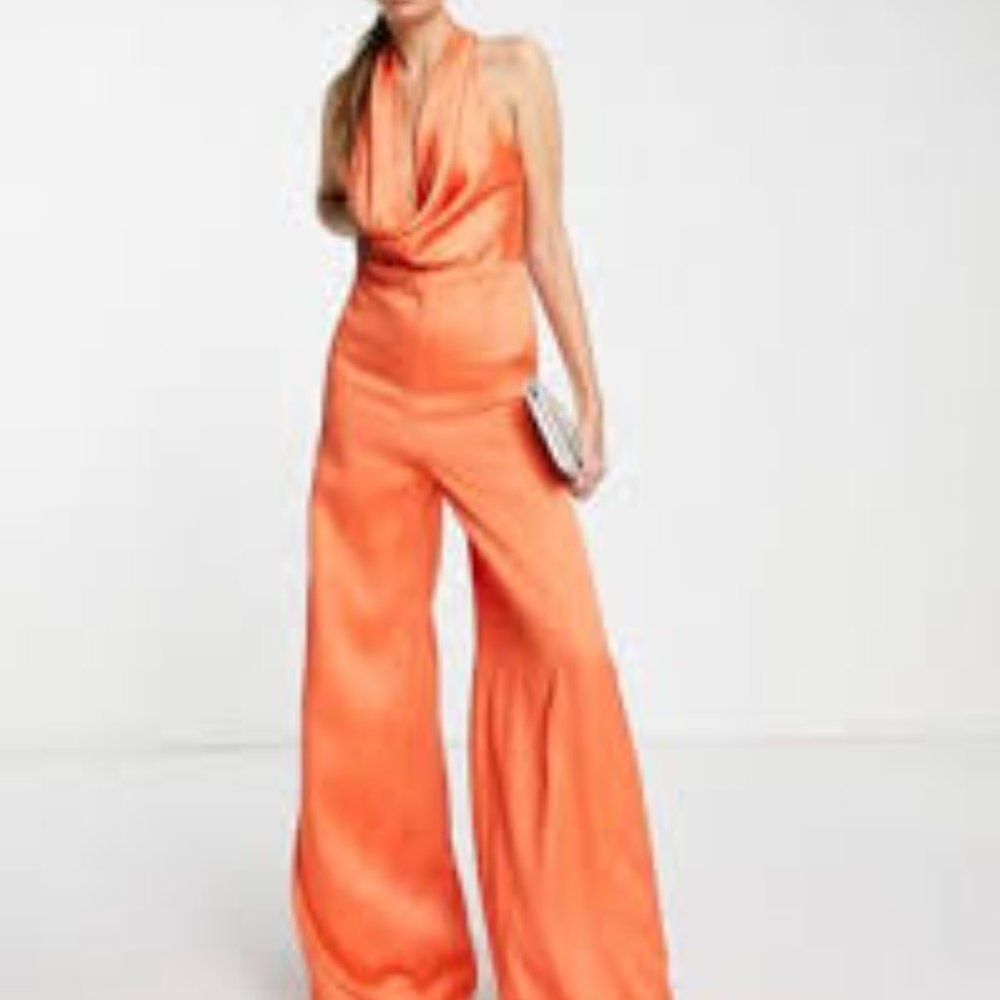 ASOS DESIGN Tall satin cowl neck halter jumpsuit in orange TALL